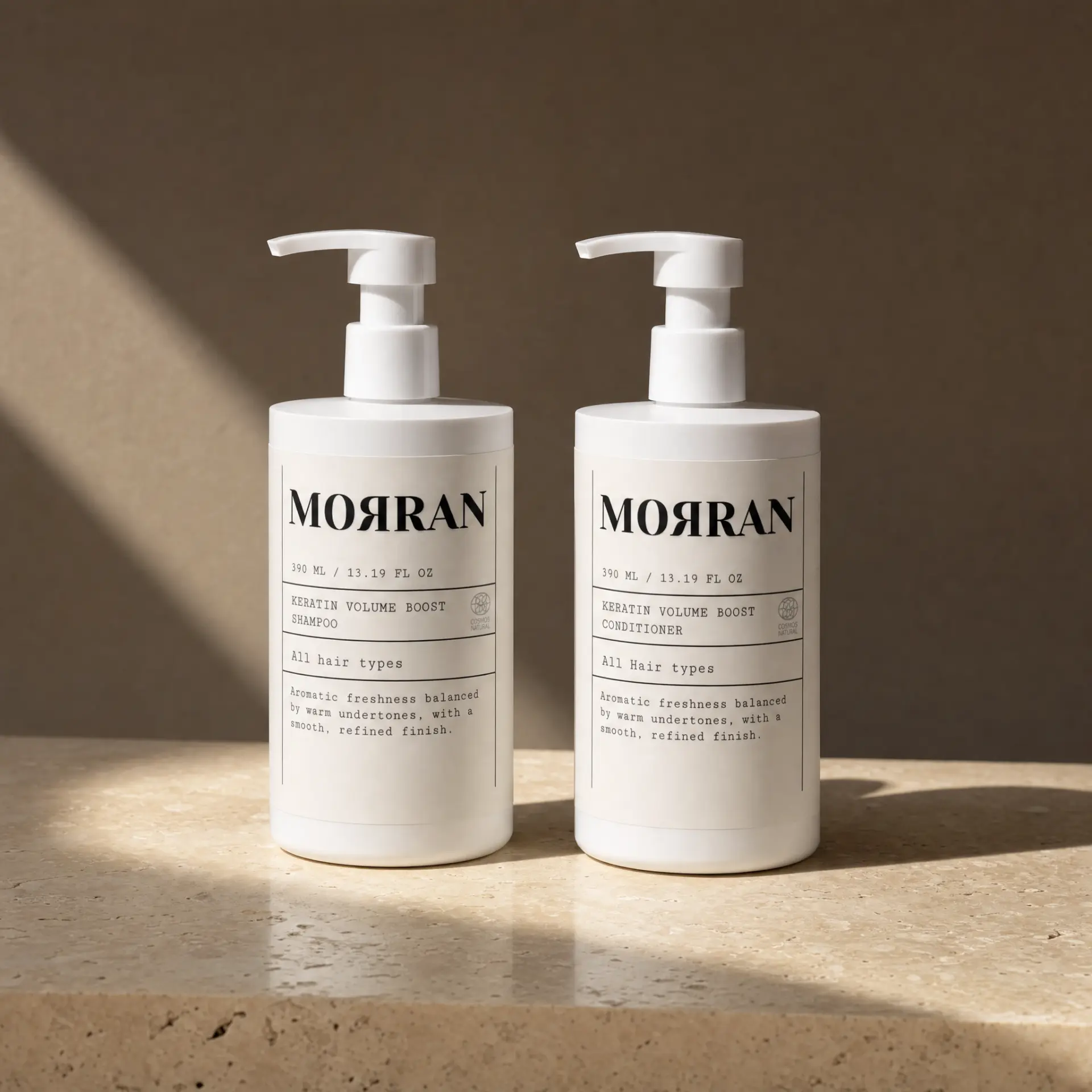 Morran shampoo and conditioner on travertine